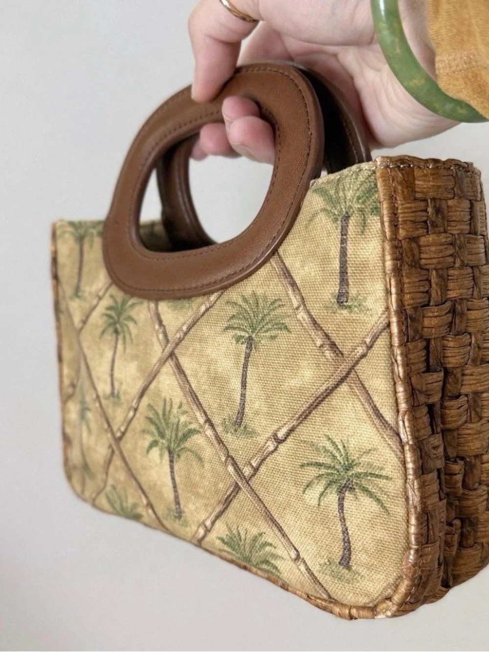 Vintage Fossil Tropical Palm-tree Print Canvass & Straw Bag w Wood Handles - Picture 3 of 15